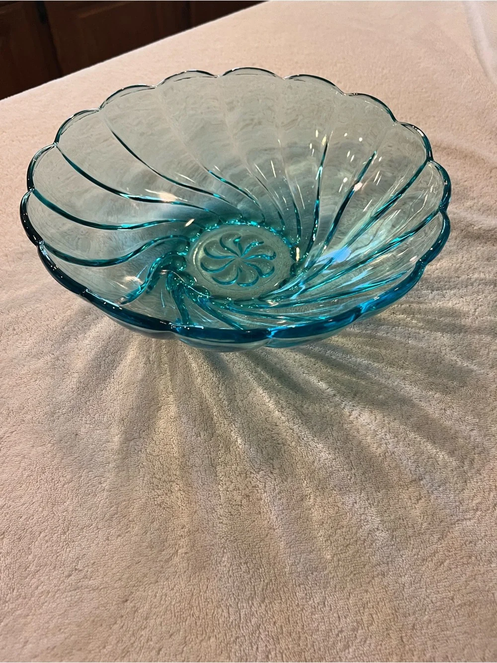 Hazel Atlas Capri Blue Glass Bowl Vintage Mid Century Swirl Scalloped 9